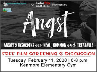 Angst: Anxiety disorders are real, common and treatable. Free film screening and discussion on Tuesday, February 11, 2020 from 6-8pm at Kenmore Elementary Gym. Graphic of a young competitive swimmer.