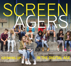 Screenagers: Growing Up in the Digital Age - a photo of many teenaged youth sitting on steps and looking at personal electronic devices