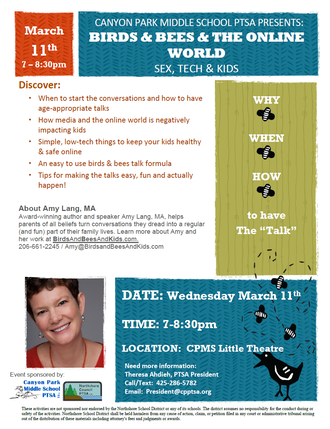 Graphic of event flyer for Birds & Bees & the Online World presentation with Amy Lang.