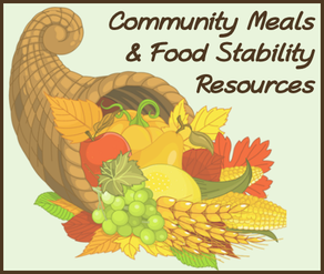 A graphic of a cornucopia with fruit, leaves, vegatables and wheat along with the text, 