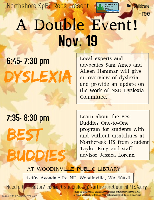image of event flyer for November 19 Dyslexia and Best Buddies presentations